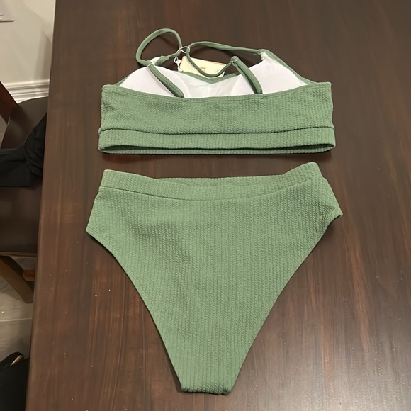 High Waisted Crop Top Ribbed Bikini Set New Army Green Size L - Picture 8 of 10